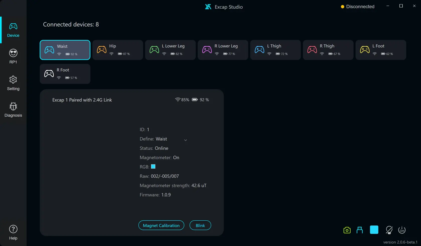 Example Device page showing eight scripted Tracker cards and the selected Tracker details; not proof of live hardware.