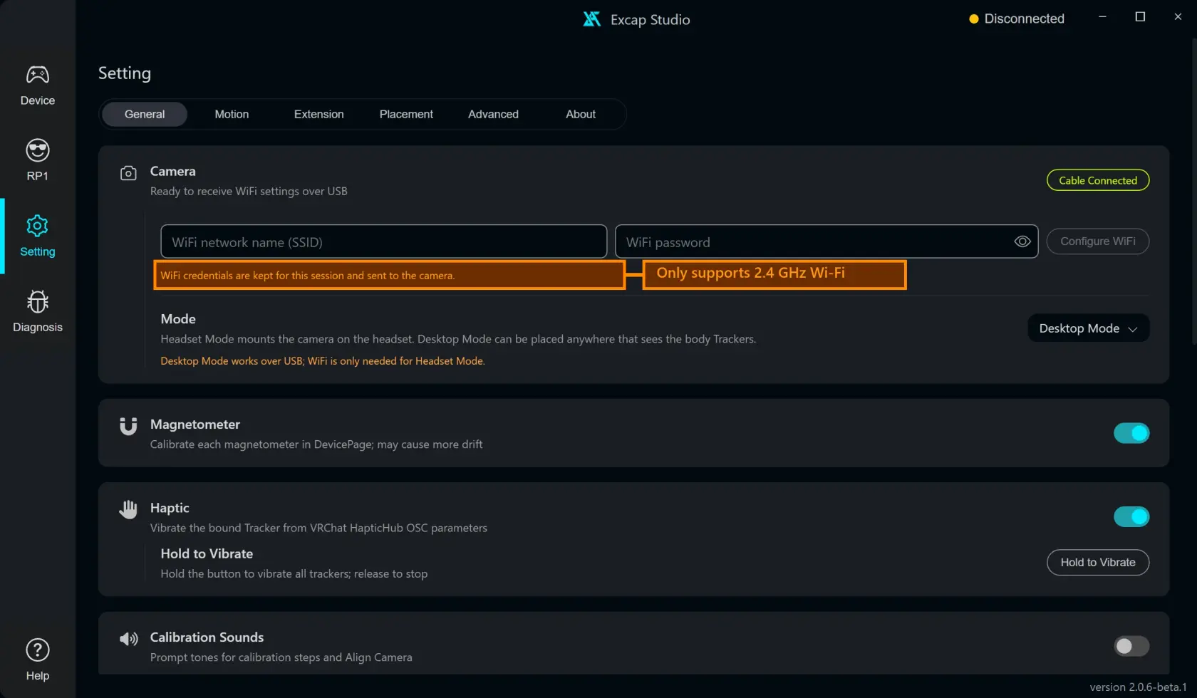 Example camera settings form with blank credentials and a scripted Cable Connected status; no real hardware or network is shown.