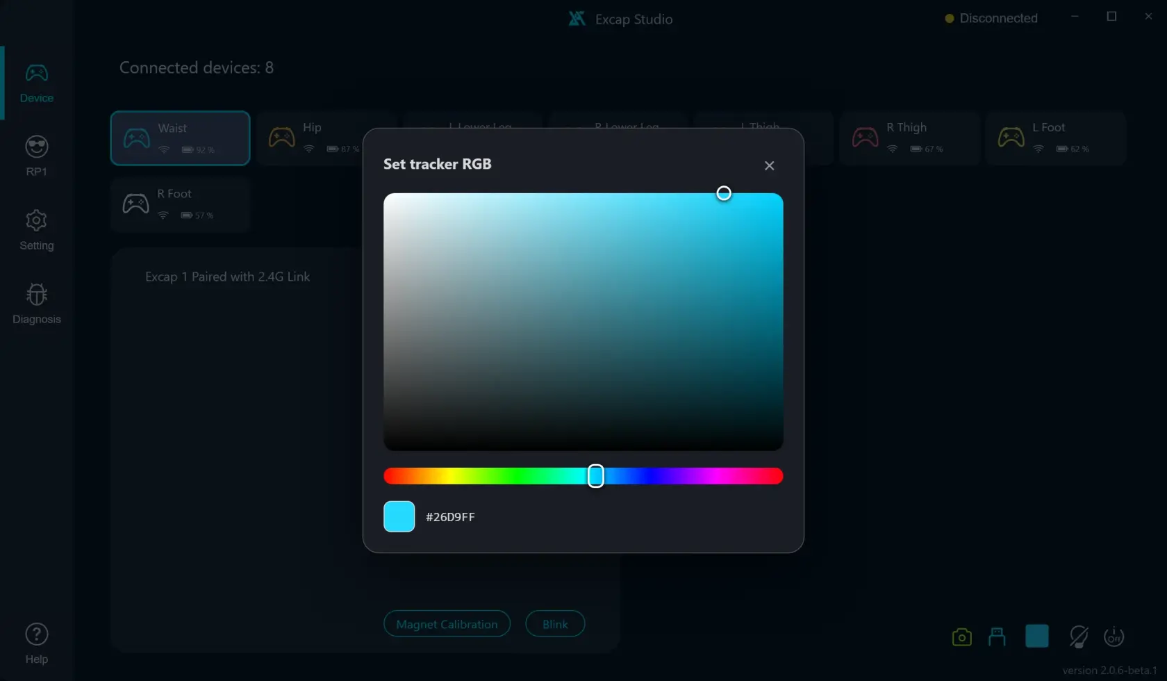 Example individual Tracker RGB picker over a scripted Device screen; not proof of live hardware.