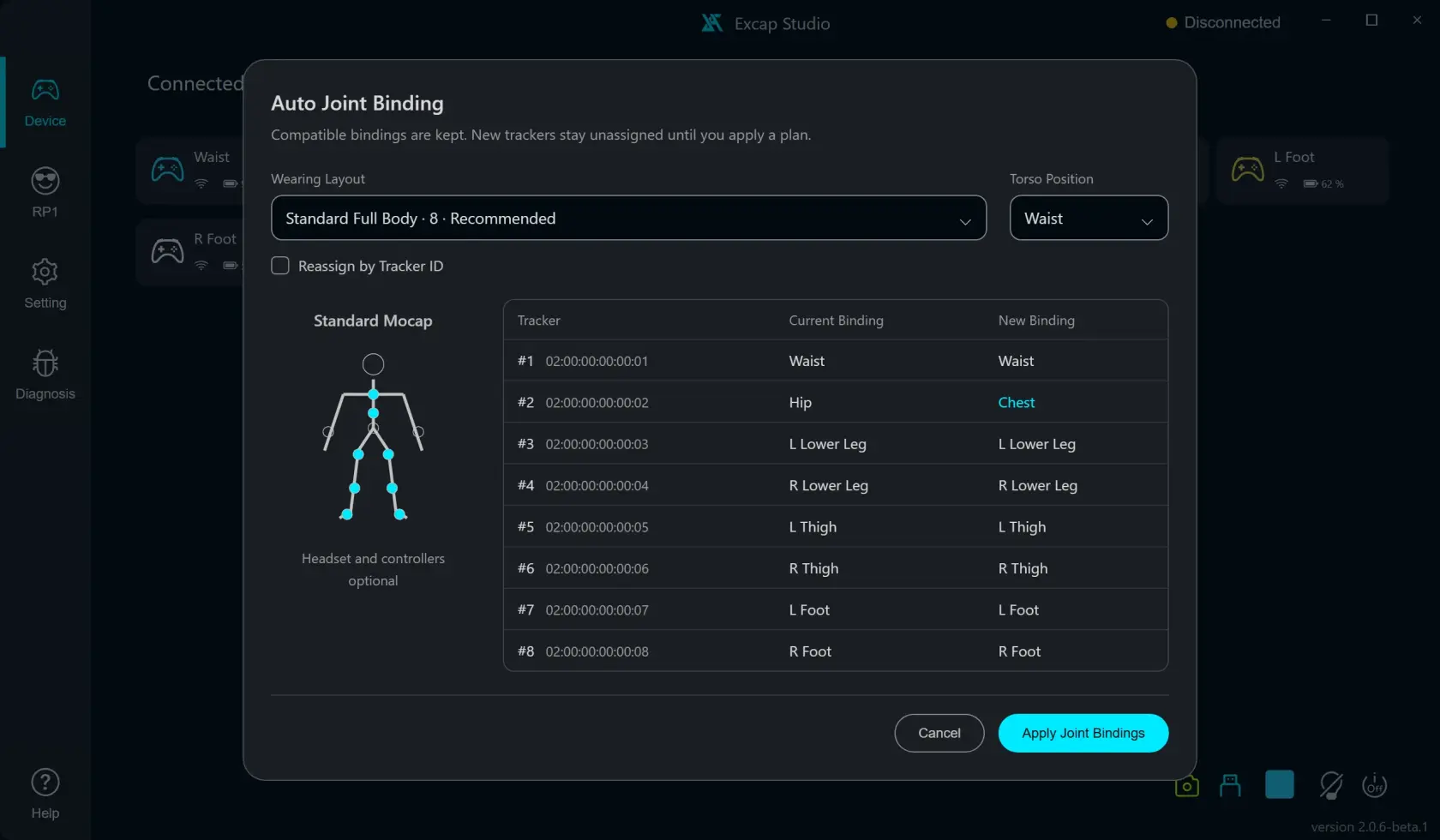 Auto Joint Binding preview table for eight fixture Trackers; example assignments only.