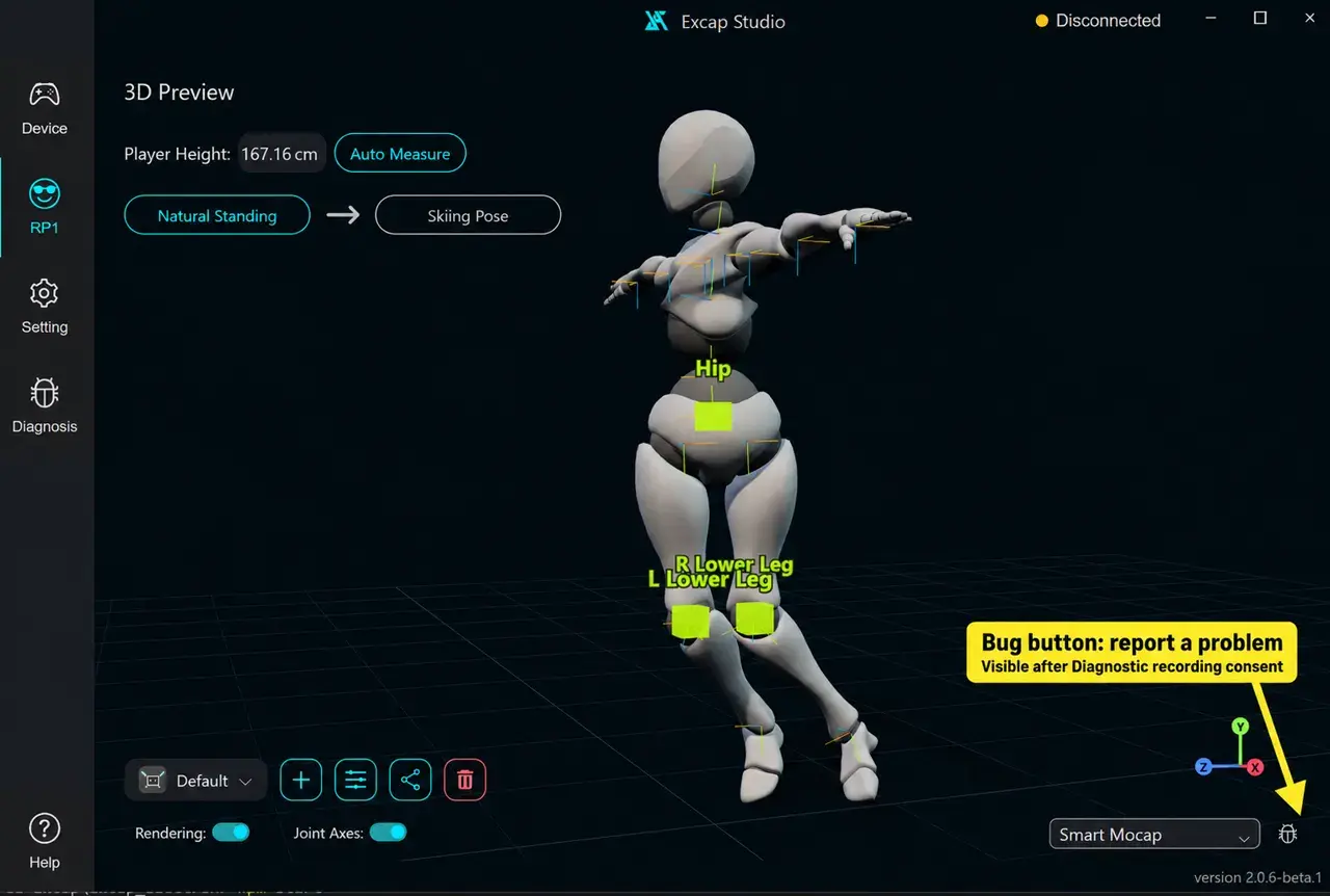 RP1 screenshot with the lower-right Bug button annotated; the button appears after Diagnostic recording consent.