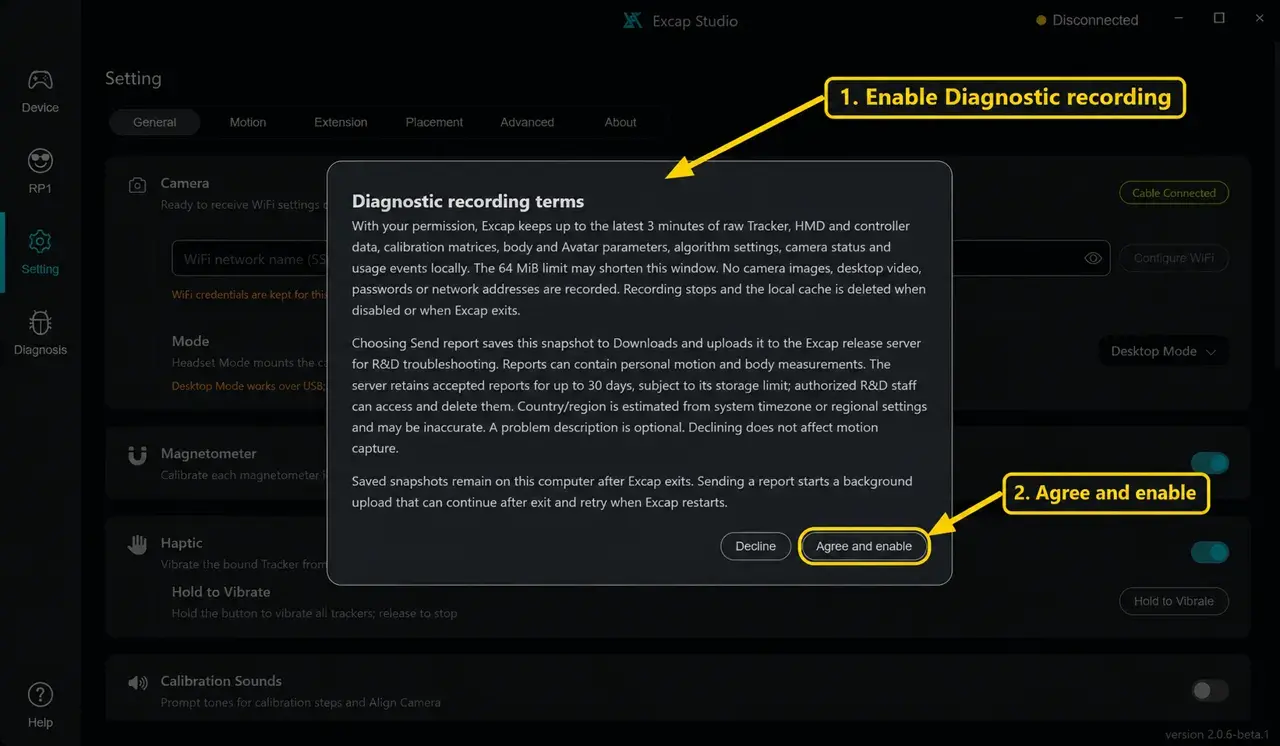 Annotated Diagnostic recording terms: enable recording, review the terms, then choose Agree and enable; fixture state, no consent submitted.