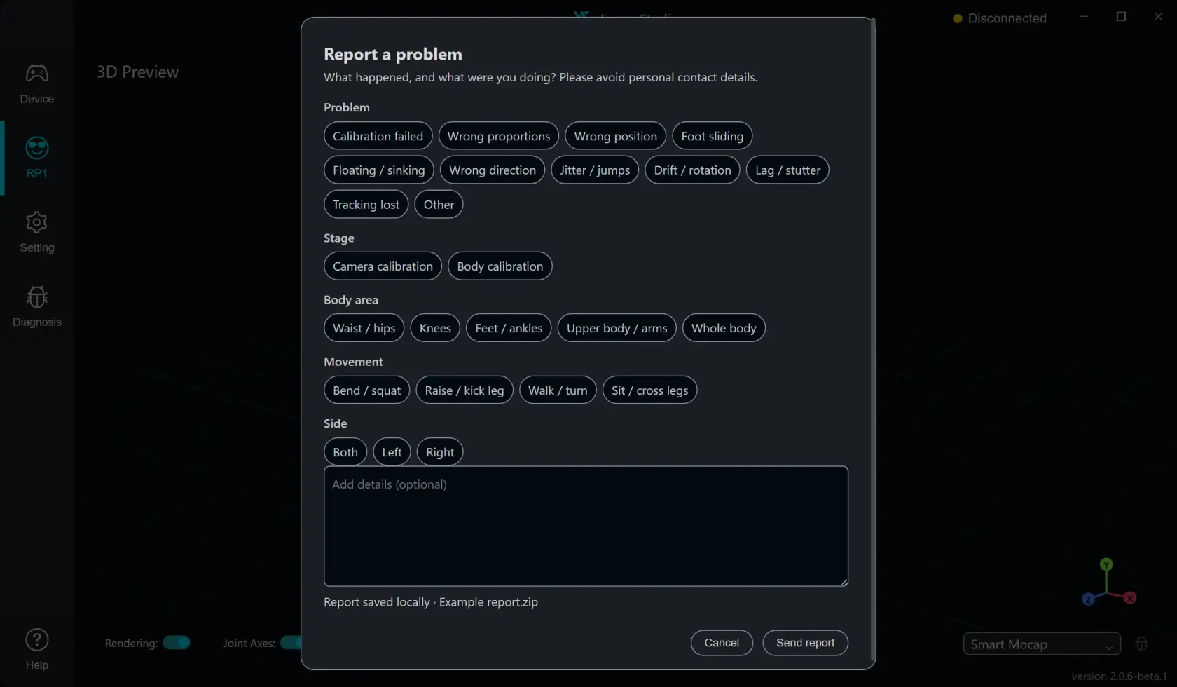 Report a problem dialog with tags, optional details and Send report; fixture data, no report submitted.