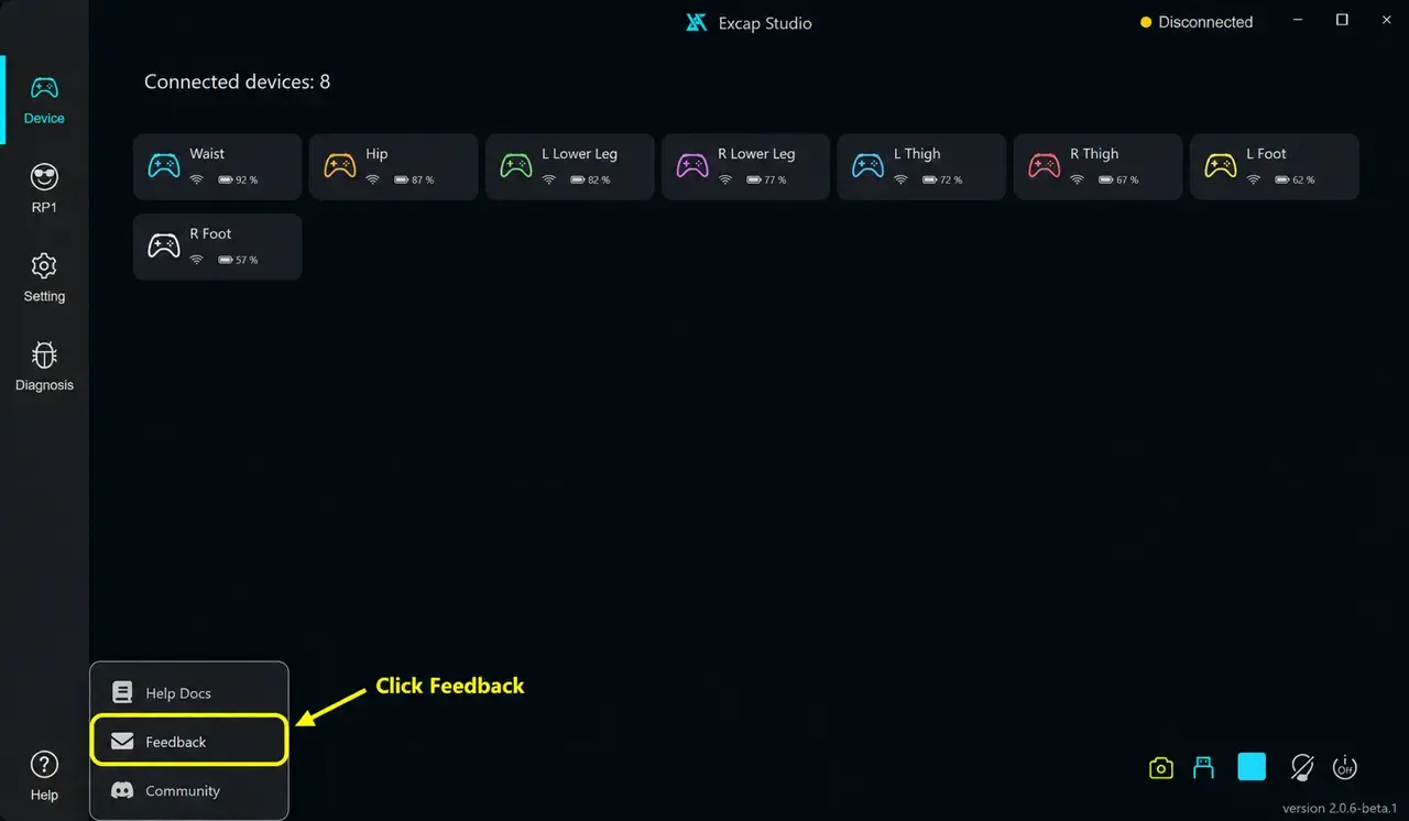Annotated Help menu with the Feedback row highlighted; fixture state.