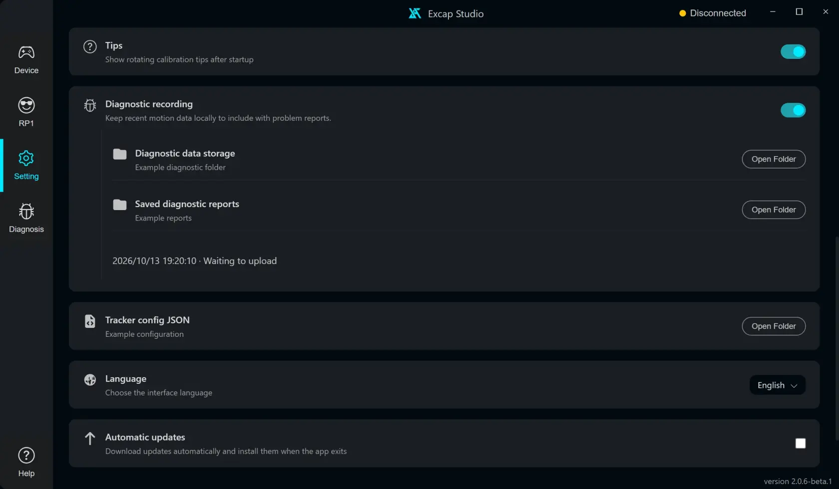 Diagnostic recording storage and a saved report in Waiting to upload state; fixture data, no real report uploaded.