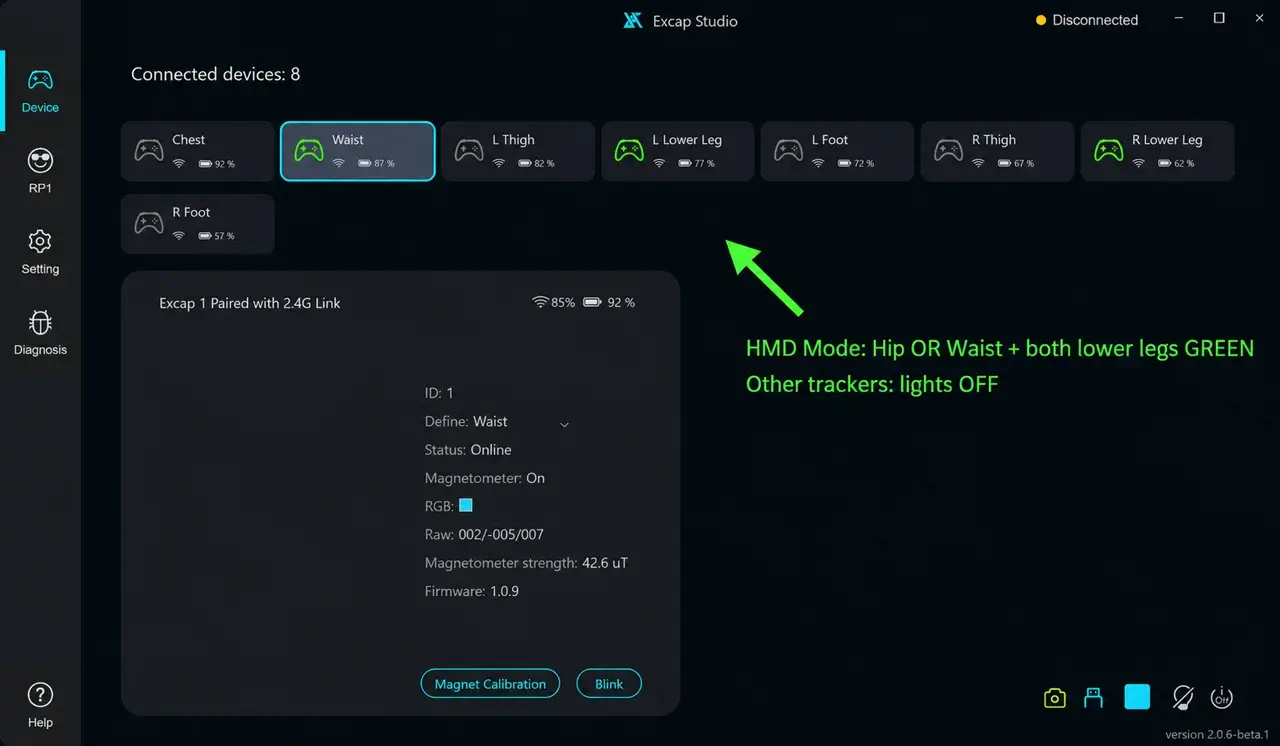 Annotated HMD Mode example: one Waist or Hip torso Tracker and both lower-leg Trackers are green; Chest, thighs and feet are off.